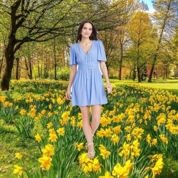 Flutter Short Sleeve Printed Crepe Mini Dress - A New Day Blue/White Polka
Dots - Picture 1 of 3